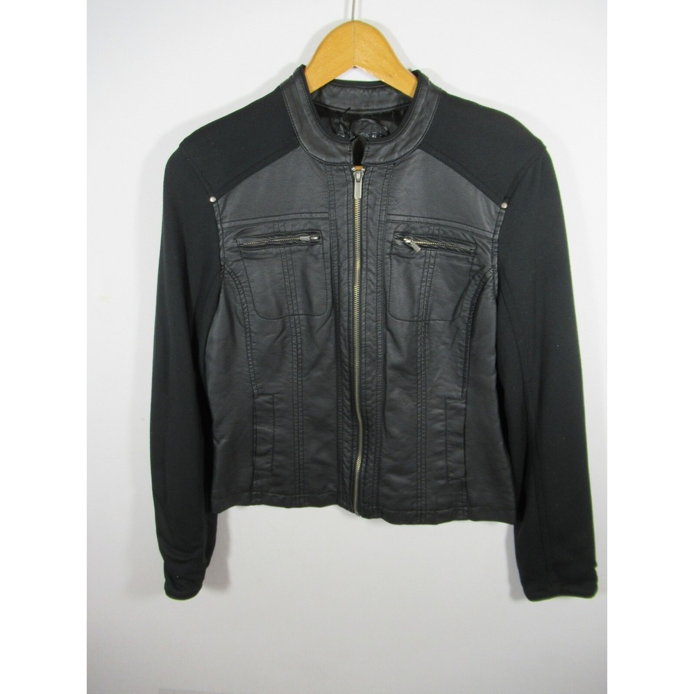 NEW Baccini Faux Leather Moto Jacket Women Medium Black Full Zip Pockets